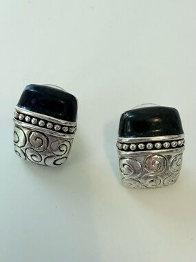Brighton Silver-Tone Swirl Stud Earrings with Black Cabochon